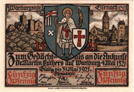 Аверс банкноты 50 fenigów Seria Jubileuszowa Lutra (Niemcy) 1921