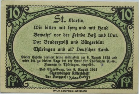 Аверс банкноты 10 fenigów Ritterschaft (Niemcy) 1921