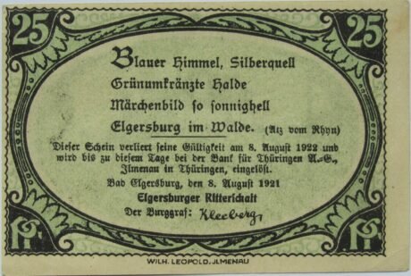 Аверс банкноты 25 fenigów Ritterschaft (Niemcy) 1921