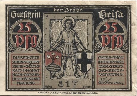 Аверс банкноты 25 fenigów (Niemcy) 1921