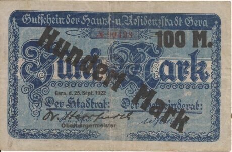 Аверс банкноты 100 marek, nadruk 5 marek (Niemcy) 1922