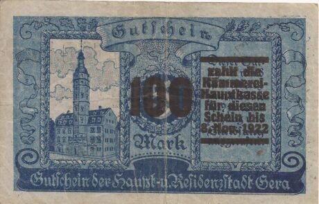 Реверс банкноты 100 marek, nadruk 5 marek (Niemcy) 1922