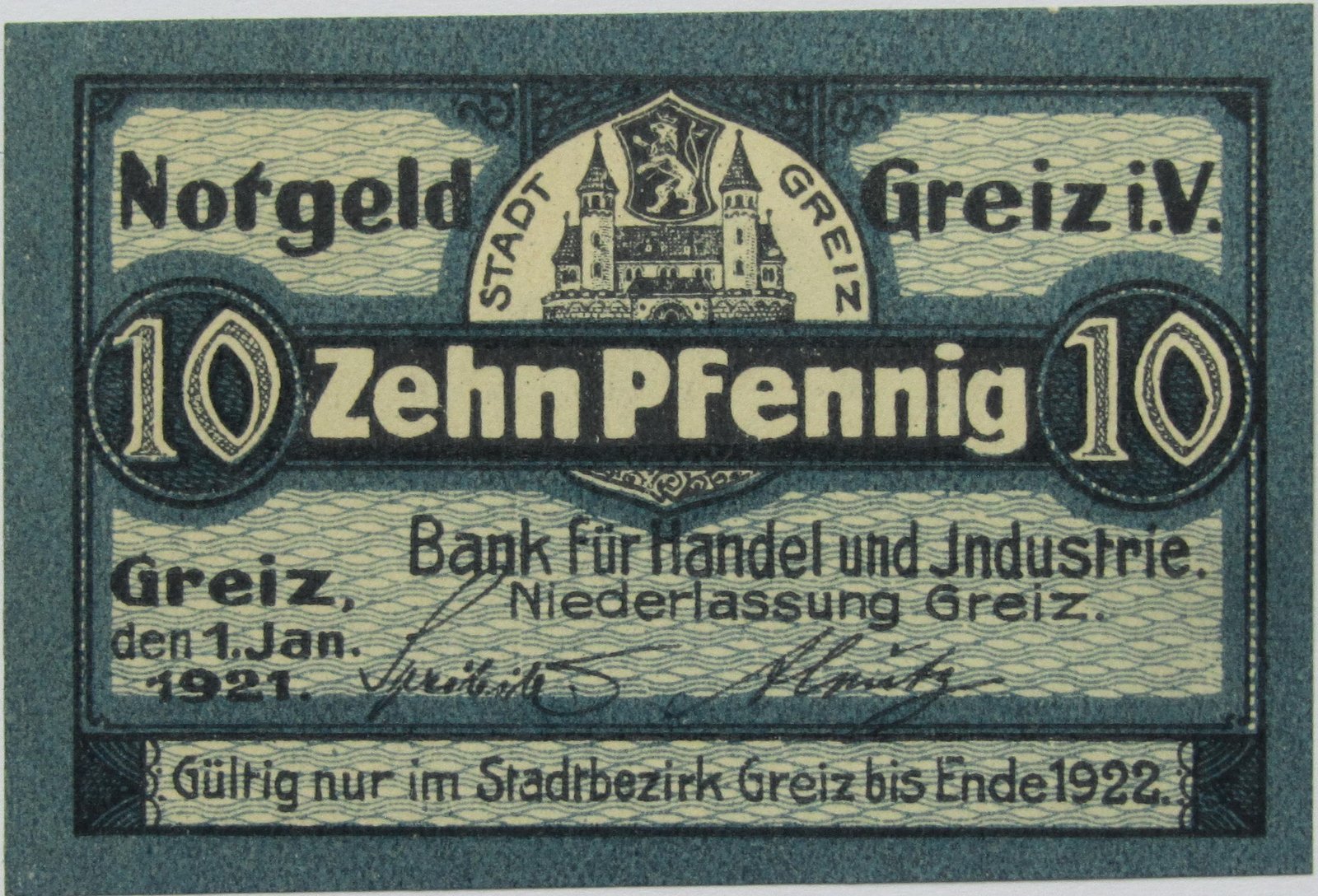 Аверс банкноты 10 пфеннигов Bank für Handel und Industrie (Германия) 1921 года