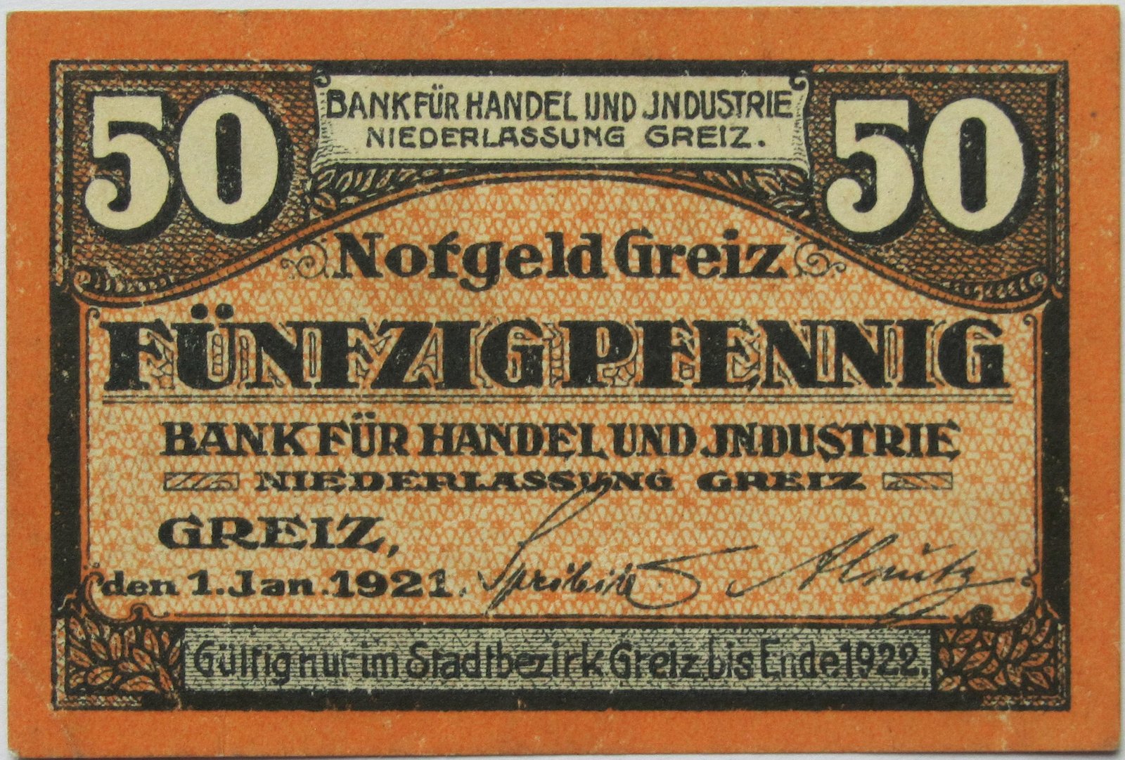 Аверс банкноты 50 пфеннигов Bank für Handel und Industrie (Германия) 1921 года