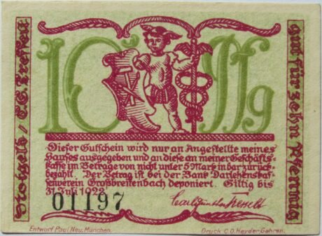 Аверс банкноты Moneta 10 fenigów Kleinkunstindustrie Carl Günther Tresselt (Niemcy) 1921