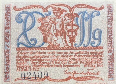 Аверс банкноты Moneta 20 fenigów Kleinkunstindustrie Carl Günther Tresselt (Niemcy) 1921