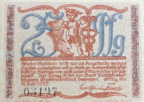 Аверс банкноты 25 fenigów Kleinkunstindustrie Carl Günther Tresselt (Niemcy) 1921