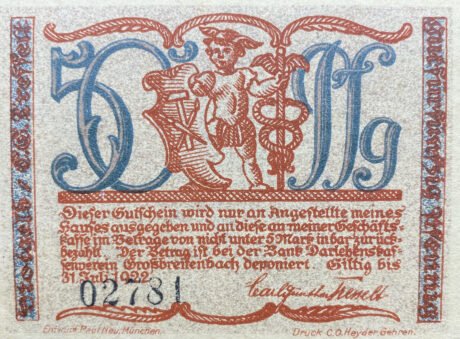 Аверс банкноты Moneta 50 fenigów Kleinkunstindustrie Carl Günther Tresselt (Niemcy) 1921