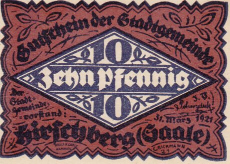 Аверс банкноты 10 fenigów (Niemcy) 1921