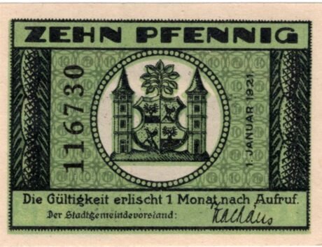 Реверс банкноты 10 fenigów, wydanie zielone (Niemcy) 1921