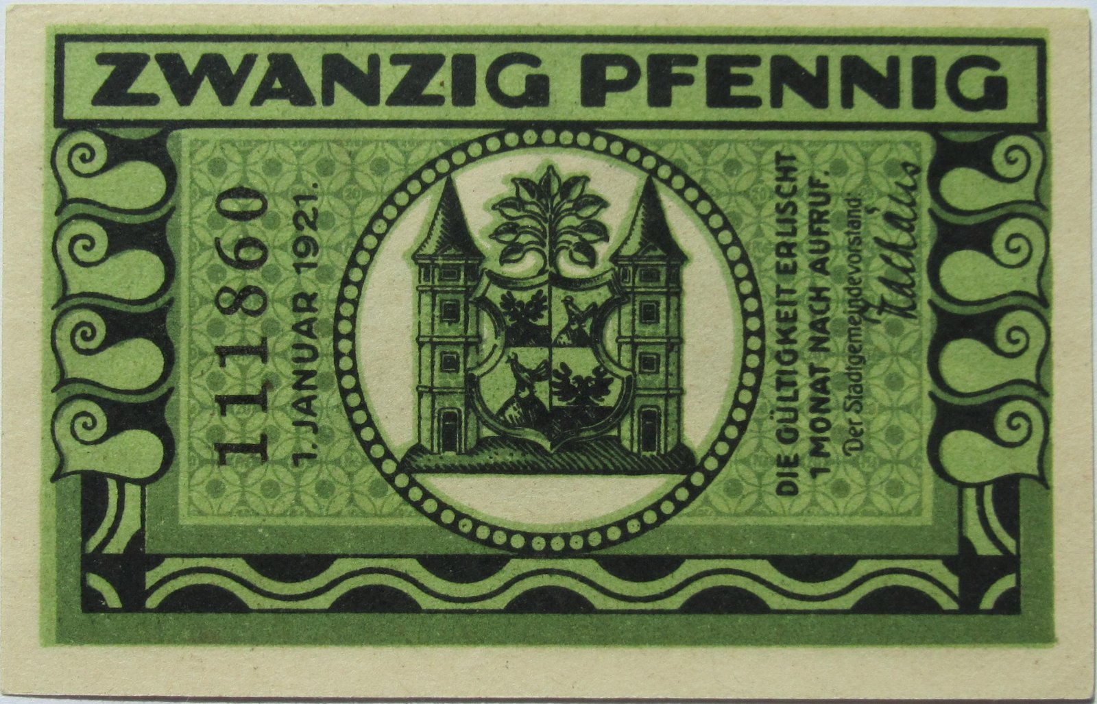 Реверс банкноты 20 пфеннигов green issue (Германия) 1921 года