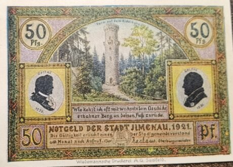 Аверс банкноты Seria 50 fenigów Goethe – Hermannstein; wydanie żółte (Niemcy) 1921