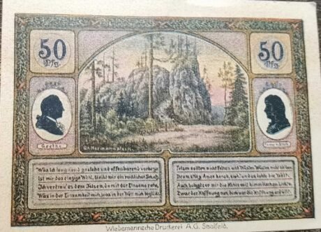 Реверс банкноты Seria 50 fenigów Goethe – Hermannstein; wydanie żółte (Niemcy) 1921