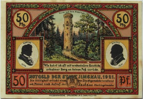 Аверс банкноты 50 fenigów Seria Goethego - Hermannstein; wydanie czerwone (Niemcy) 1921