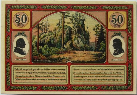 Реверс банкноты 50 fenigów Seria Goethego - Hermannstein; wydanie czerwone (Niemcy) 1921