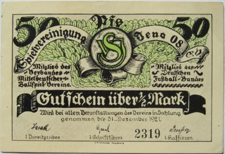 Аверс банкноты 50 fenigów Spielvereinigung Jena 08 (Niemcy) 1921