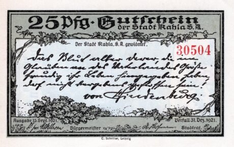 Аверс банкноты 25 fenigów (Niemcy) 1921