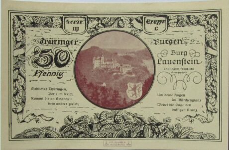 Реверс банкноты 50 fenigów Leuchtenburg – wydanie 3C: Burg Lauenstein (Niemcy) 1921