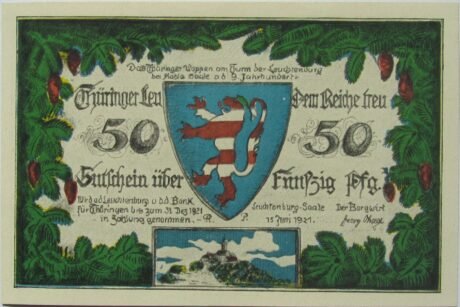 Аверс банкноты 50 fenigów Leuchtenburg – wydanie 3D: Ehrenburg Plaue (Niemcy) 1921