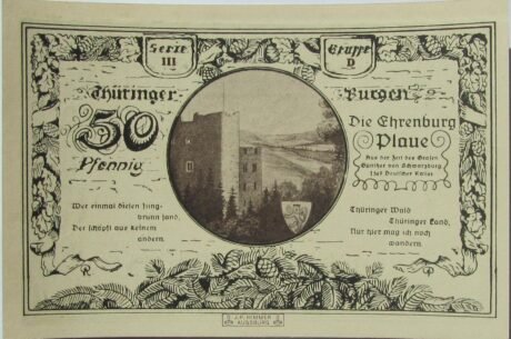 Реверс банкноты 50 fenigów Leuchtenburg – wydanie 3D: Ehrenburg Plaue (Niemcy) 1921