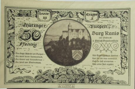 Реверс банкноты 50 fenigów Leuchtenburg – wydanie 3F: Burg Ranis (Niemcy) 1921