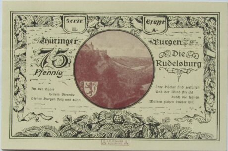 Реверс банкноты 75 fenigów Leuchtenburg - Wydanie 2A: Rudelsburg (Niemcy) 1921