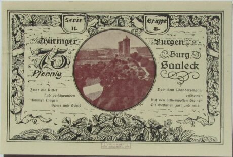 Реверс банкноты 75 fenigów Leuchtenburg - Wydanie 2B: Burg Saaleck (Niemcy) 1921