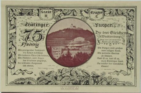 Реверс банкноты 75 fenigów Leuchtenburg - Wydanie 2C: Wachsenburg (Niemcy) 1921