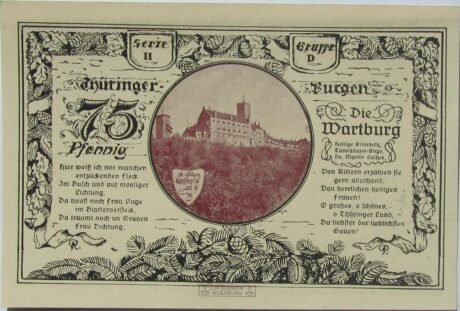 Реверс банкноты 75 fenigów Leuchtenburg - Wydanie 2D: Wartburg (Niemcy) 1921