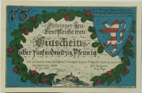 Аверс банкноты 75 fenigów Leuchtenburg - Wydanie 2F: Leuchtenburg (Niemcy) 1921