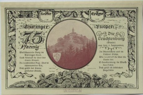 Реверс банкноты 75 fenigów Leuchtenburg - Wydanie 2F: Leuchtenburg (Niemcy) 1921