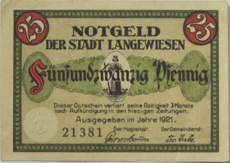 Аверс банкноты 25 fenigów (Niemcy) 1921