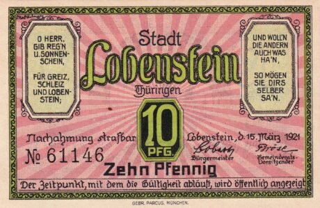 Аверс банкноты 10 fenigów (Niemcy) 1921