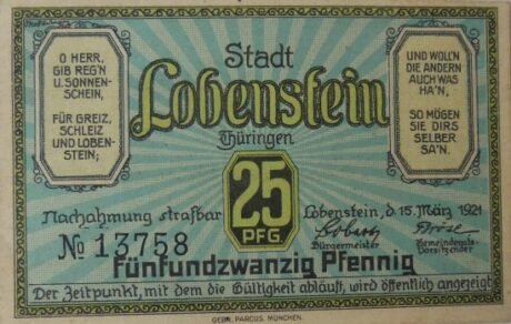 Аверс банкноты 25 fenigów (Niemcy) 1921