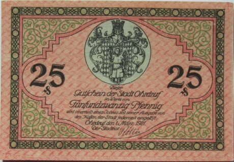 Аверс банкноты 25 fenigów (Niemcy) 1921