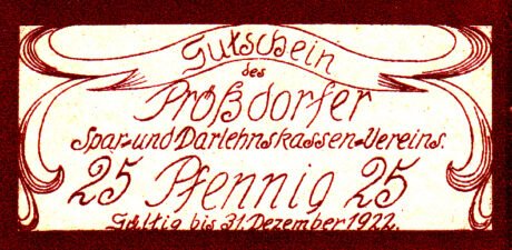 Аверс банкноты 25 fenigów Prößdorfer Spar- und Darlehnskassen-Verein (Niemcy) 1922