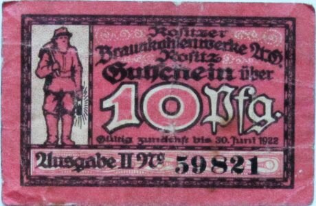 Аверс банкноты 10 fenigów Rositzer Braunkohlenwerke (Niemcy) 1922