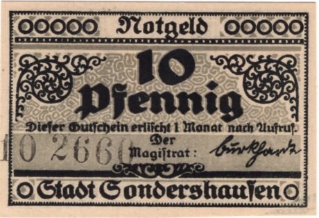 Аверс банкноты 10 fenigów (Niemcy) 1921