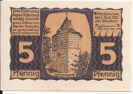 Аверс банкноты 5 fenigów (Niemcy) 1921