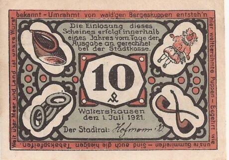 Аверс банкноты 10 fenigów (Niemcy) 1921