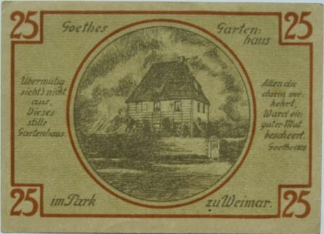 Реверс банкноты Seria zabytków 25 fenigów - Goethes Gartenhaus (Niemcy) 1921