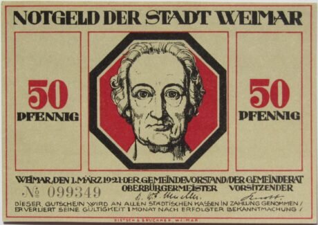Аверс банкноты 50 fenigów Seria Goethe i Schiller - Goethe, wydanie czerwone (Niemcy) 1921