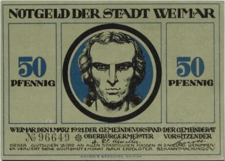 Аверс банкноты 50 fenigów Seria Goethego i Schillera – Schiller, wydanie niebieskie (Niemcy) 1921