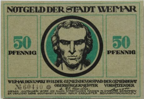 Аверс банкноты 50 fenigów Seria Goethe i Schiller – Schiller, wydanie zielone (Niemcy) 1921