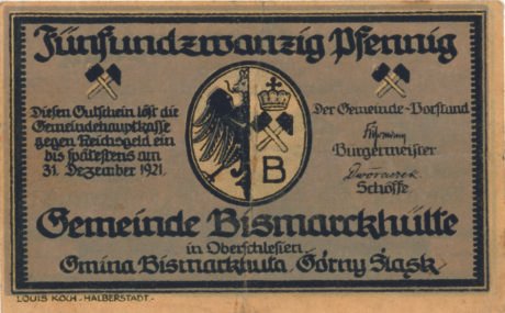 Аверс банкноты 25 Pfennig Bismarckhütte (Германия) 1921 года