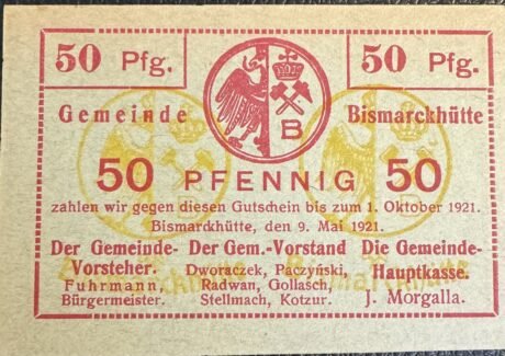 Аверс банкноты 50 Pfennig Bismarckhütte (Niemcy) 1921