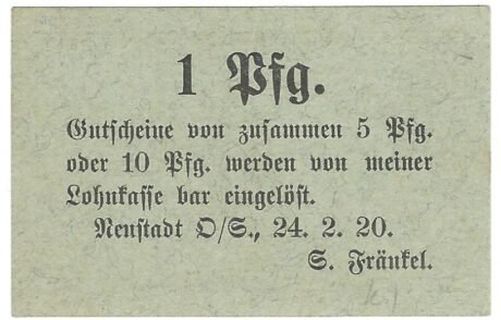 Реверс банкноты 1 Pfennig Leinenfabrik S. Fränkel (Niemcy) 1920