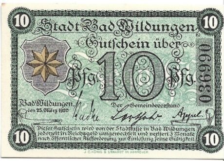 Аверс банкноты 10 fenigów (Niemcy) 1920