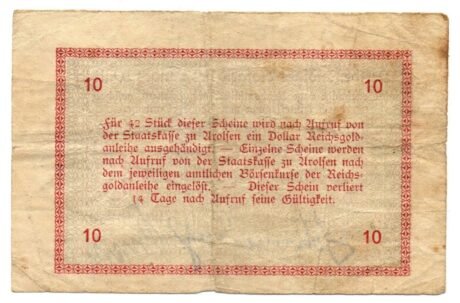 Реверс банкноты 10 złotych fenigów (Niemcy) 1923