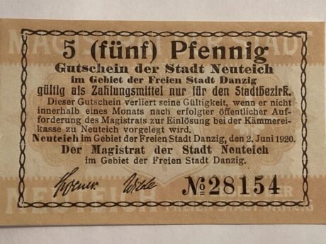 Аверс банкноты 5 пфеннигов Neuteich (Германия) 1920 года